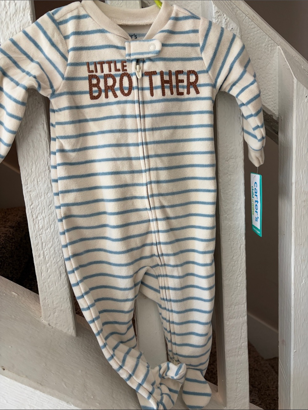 Carter's Cream and Light Blue Striped 'Little Brother' Footed One-Piece